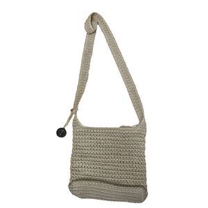 The Sak Shoulder Bag Taupe Brown Crochet Knit Zip Top Closure Vtg